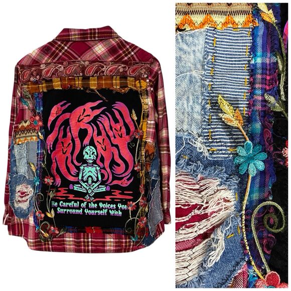 Upcycled Flannel Shirt Womens Sz Large Shacket Halloween Grunge Camp Rock - Picture 5 of 13
